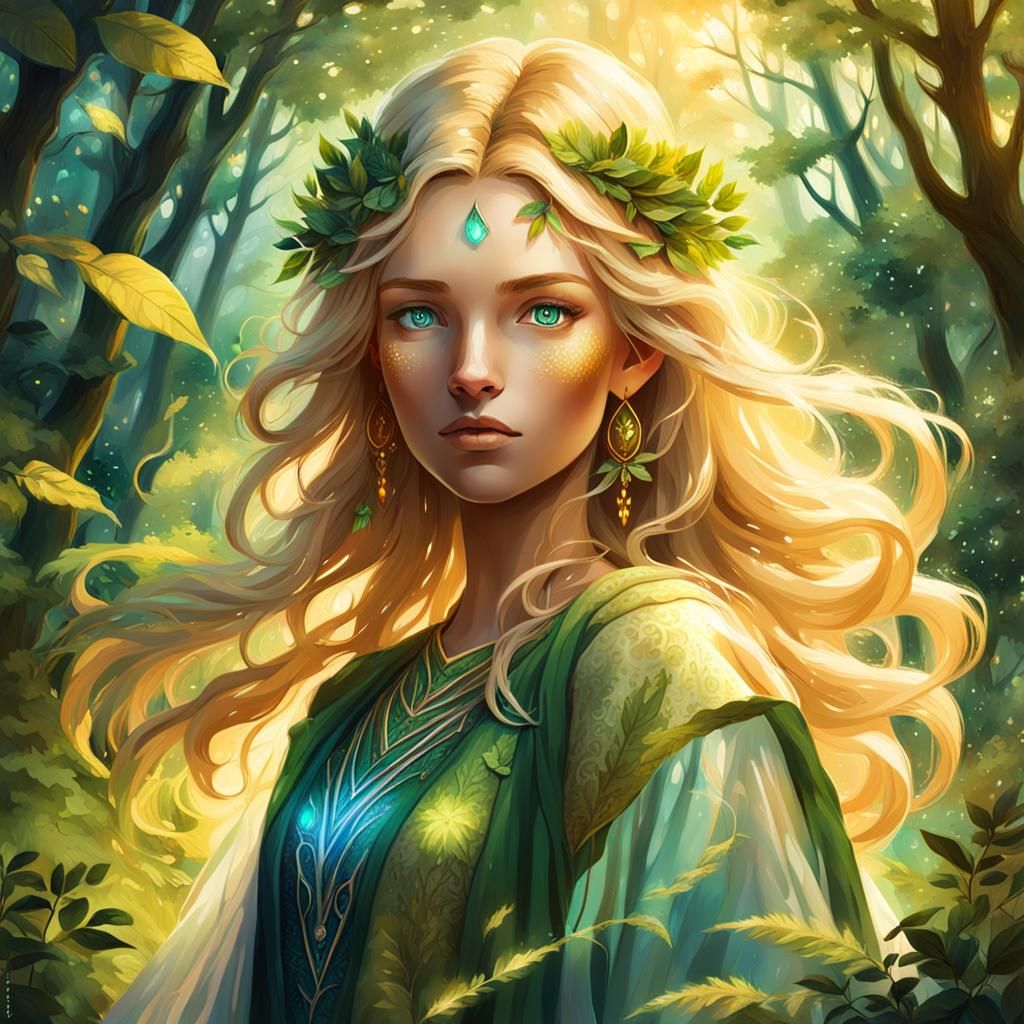 Teenage Nature Goddess in Forest: Digital Painting