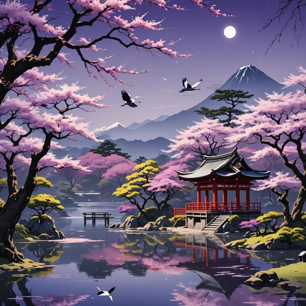 Japanese Shrine with Crane in Anime Style