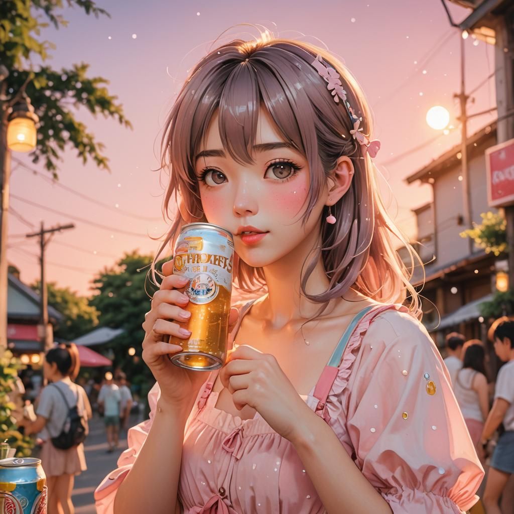 Cute Anime Girl Drinking Beer in Watercolor Style
