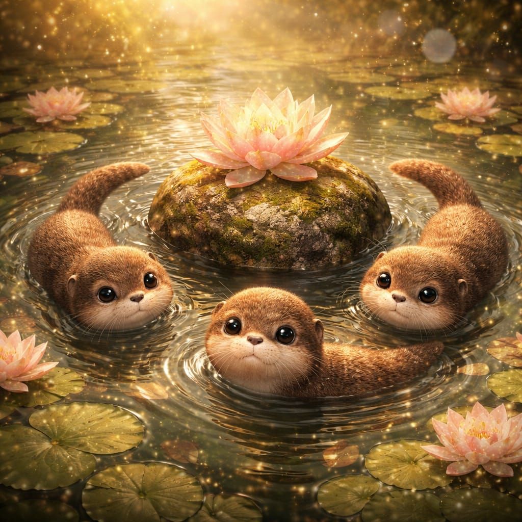 Three Otters Swim Around Lotus Flower in Misty Pond