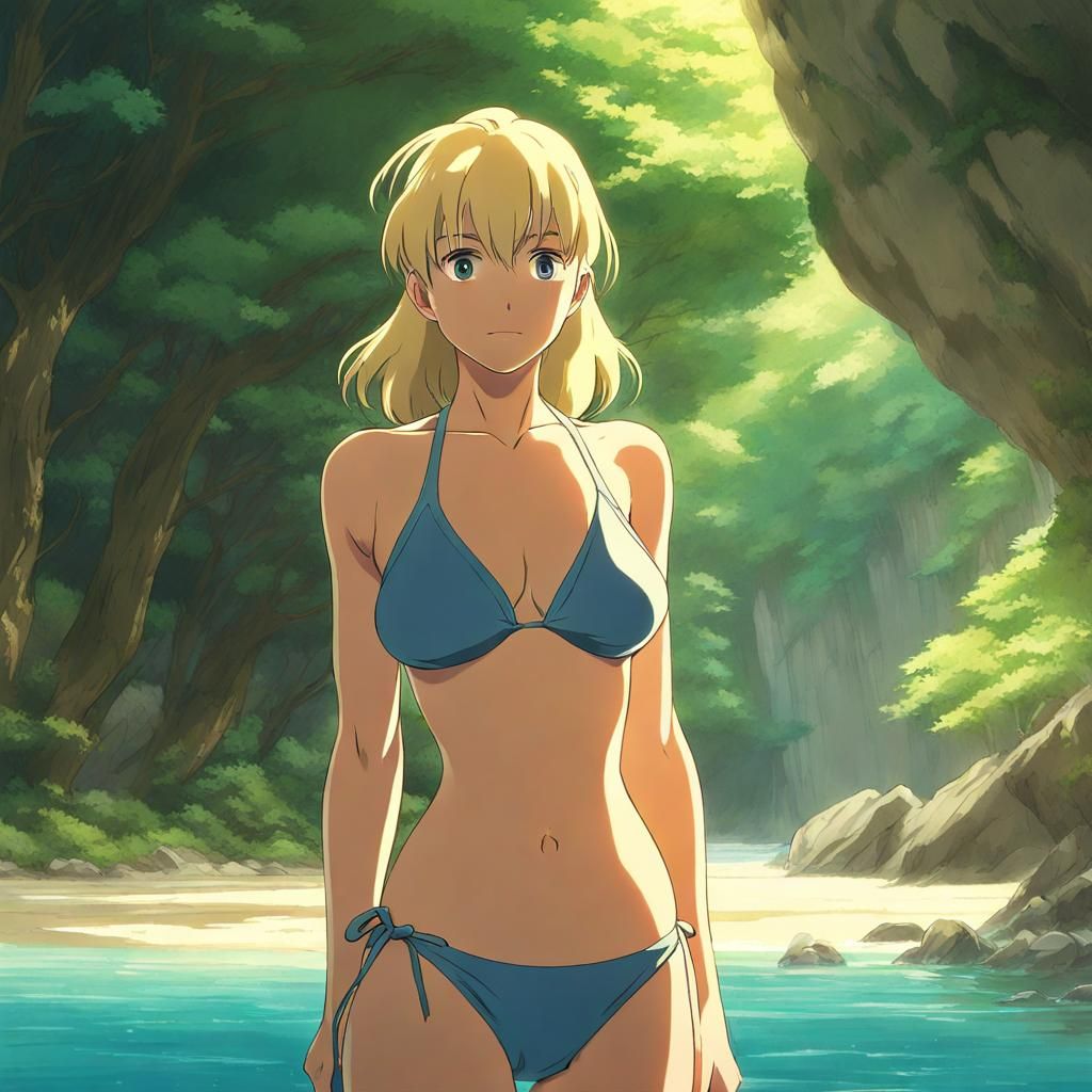 Blonde Bikini Woman in Studio Ghibli Style