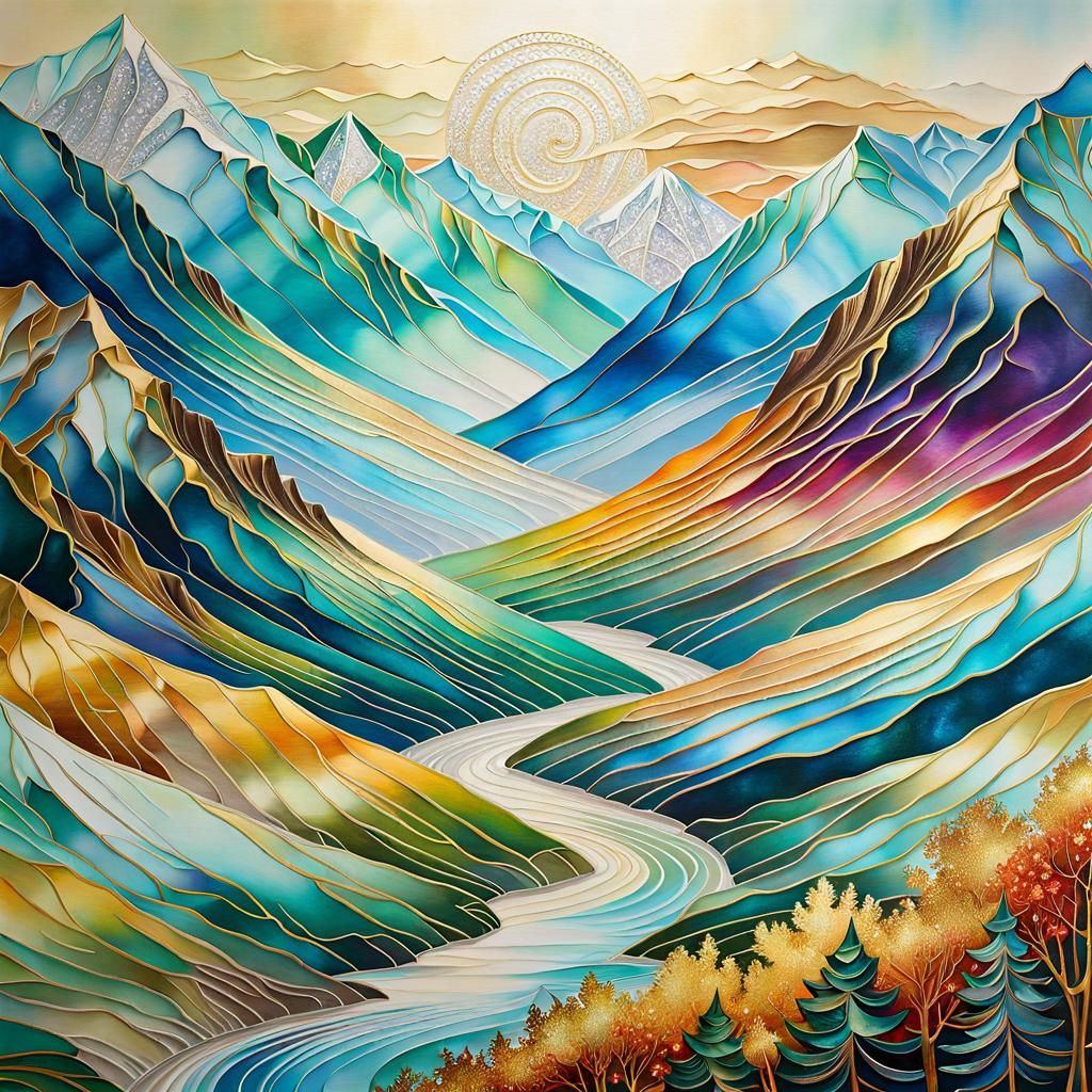 Metallic Landscape Painting in Brocade Style