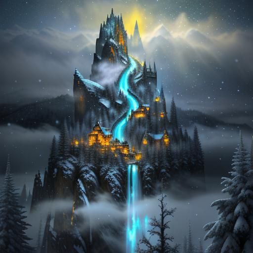 Dreamy Snowy Mountain Landscape at Night