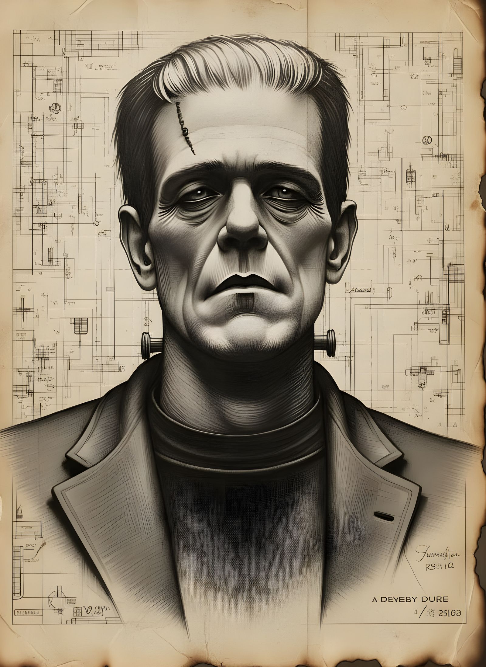 Frankenstein Monster Graphite Sketch on Vintage Blueprints