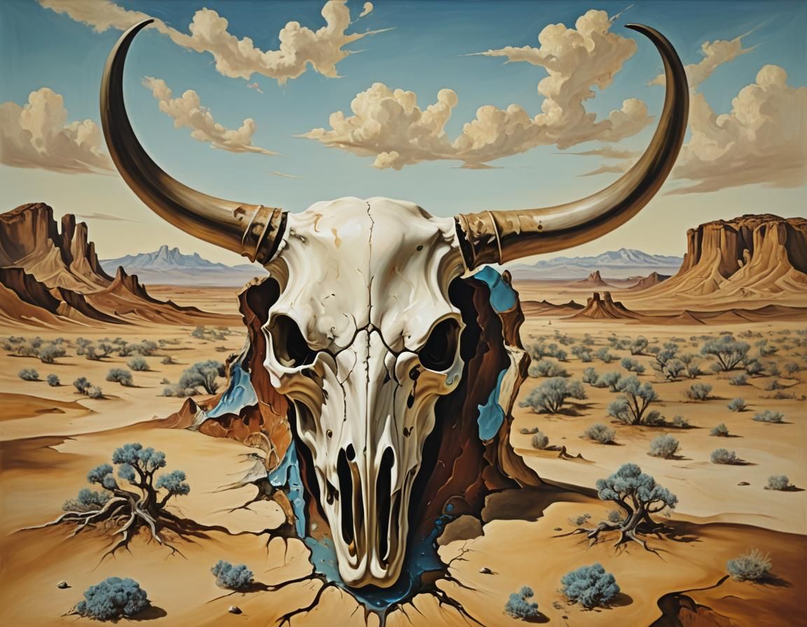 Surreal Arizona Landscape with Bull Skull, Dali Style