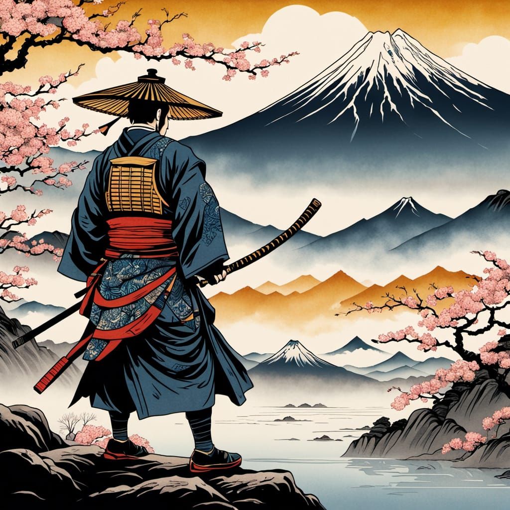 Samurai with Kumadori Makeup and Mount Fuji: Ukiyo-e Style