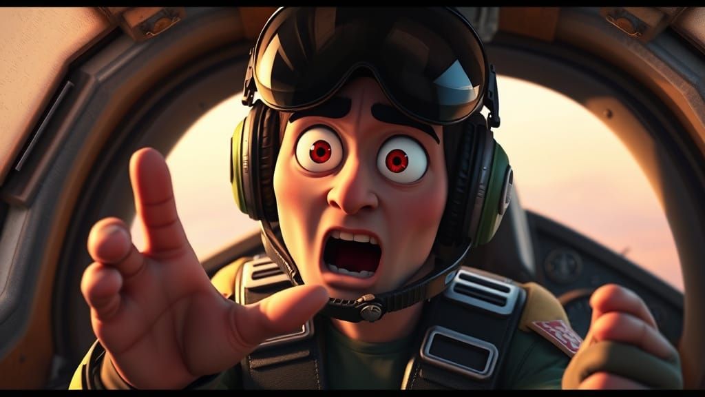 Surprised Pilot in Airplane Cockpit, Pixar Style
