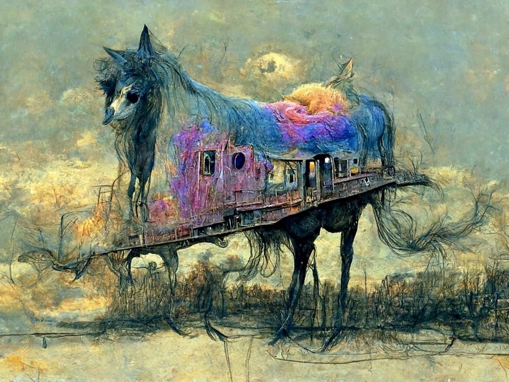 Horse in Witch Hat on Train in Colorful Pencil Art
