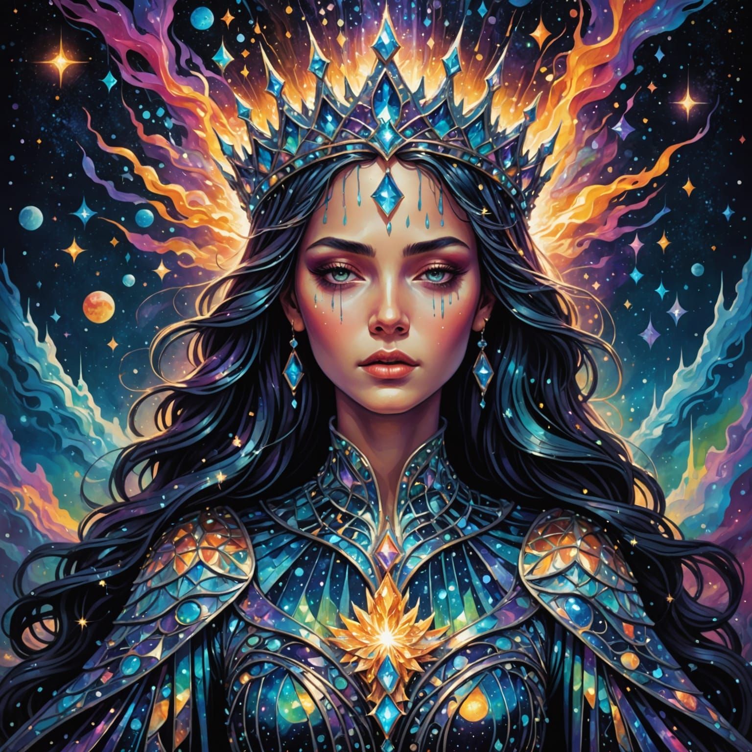 Cosmic Princess Weeping in Astral Holographic Illustration