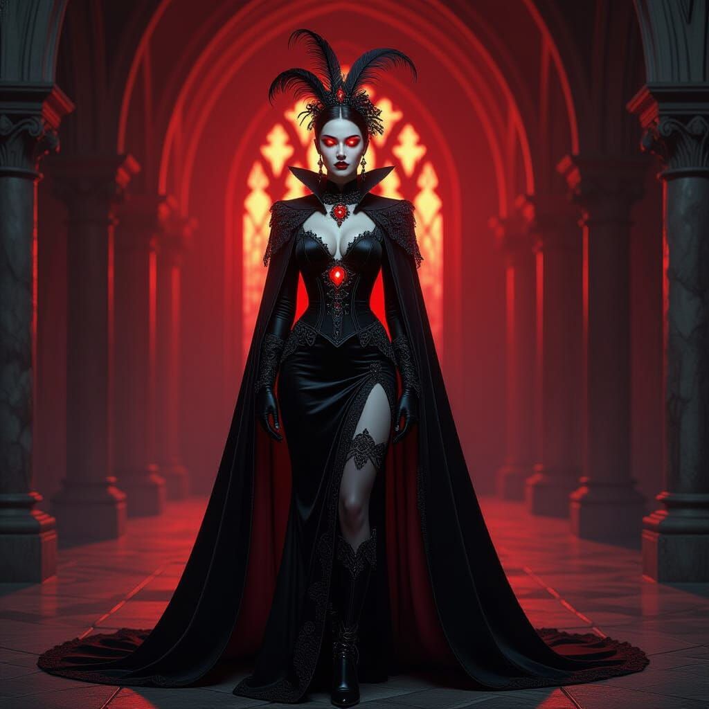 Gothic Woman in Red and Black with Regal Headdress