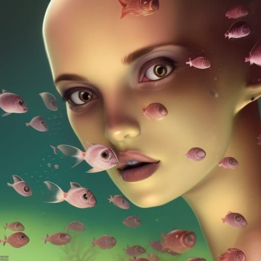 Underwater Girl with Fish in Digital Art Style