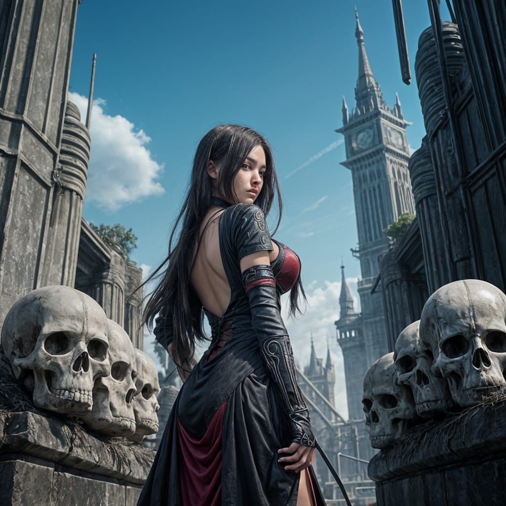 Anime Goddess Amidst a Tower of Skulls