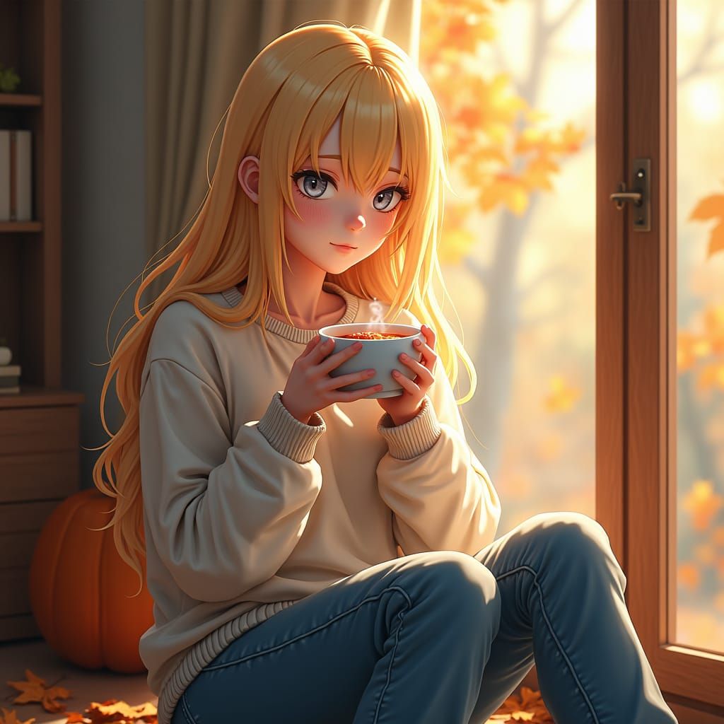 Anime Girl Savoring Soup in Autumn Light