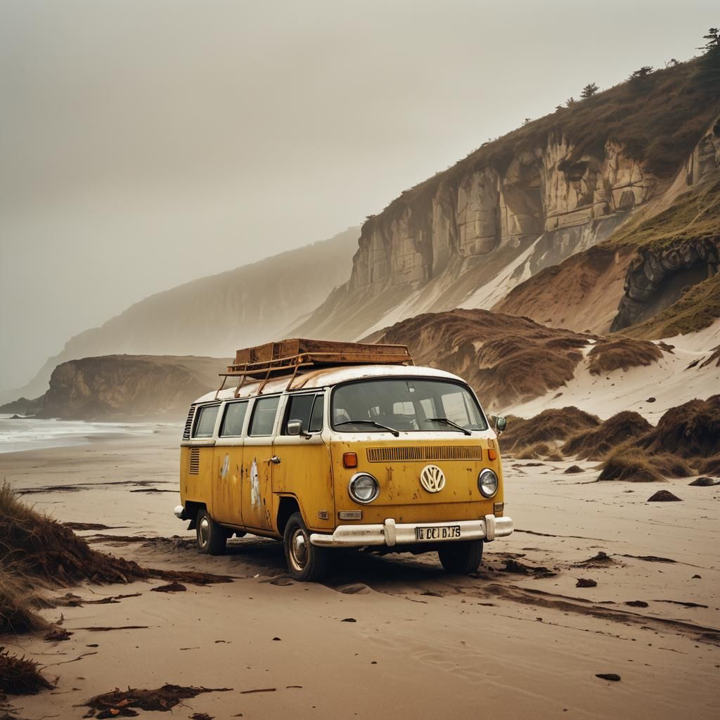 Abandoned VW Van on Beach in Retro Surrealism