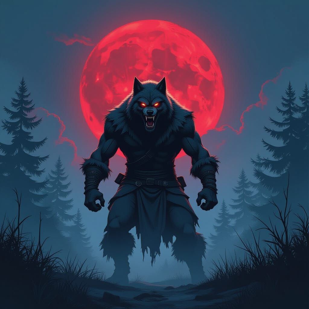 Ferocious Werewolf Under Red Moon: Frazetta Style