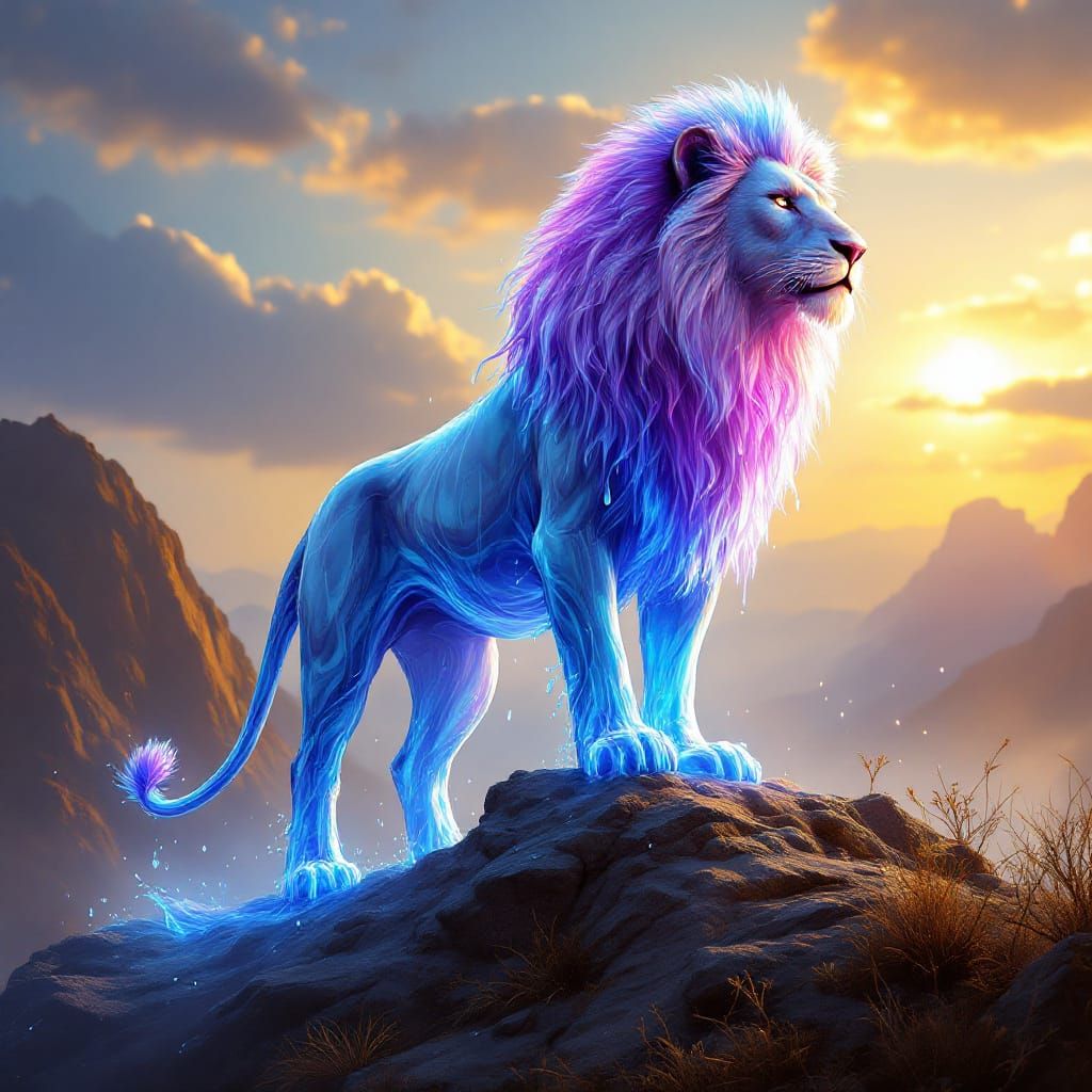 Majestic Liquid Lion at Dawn in Fantasy Style
