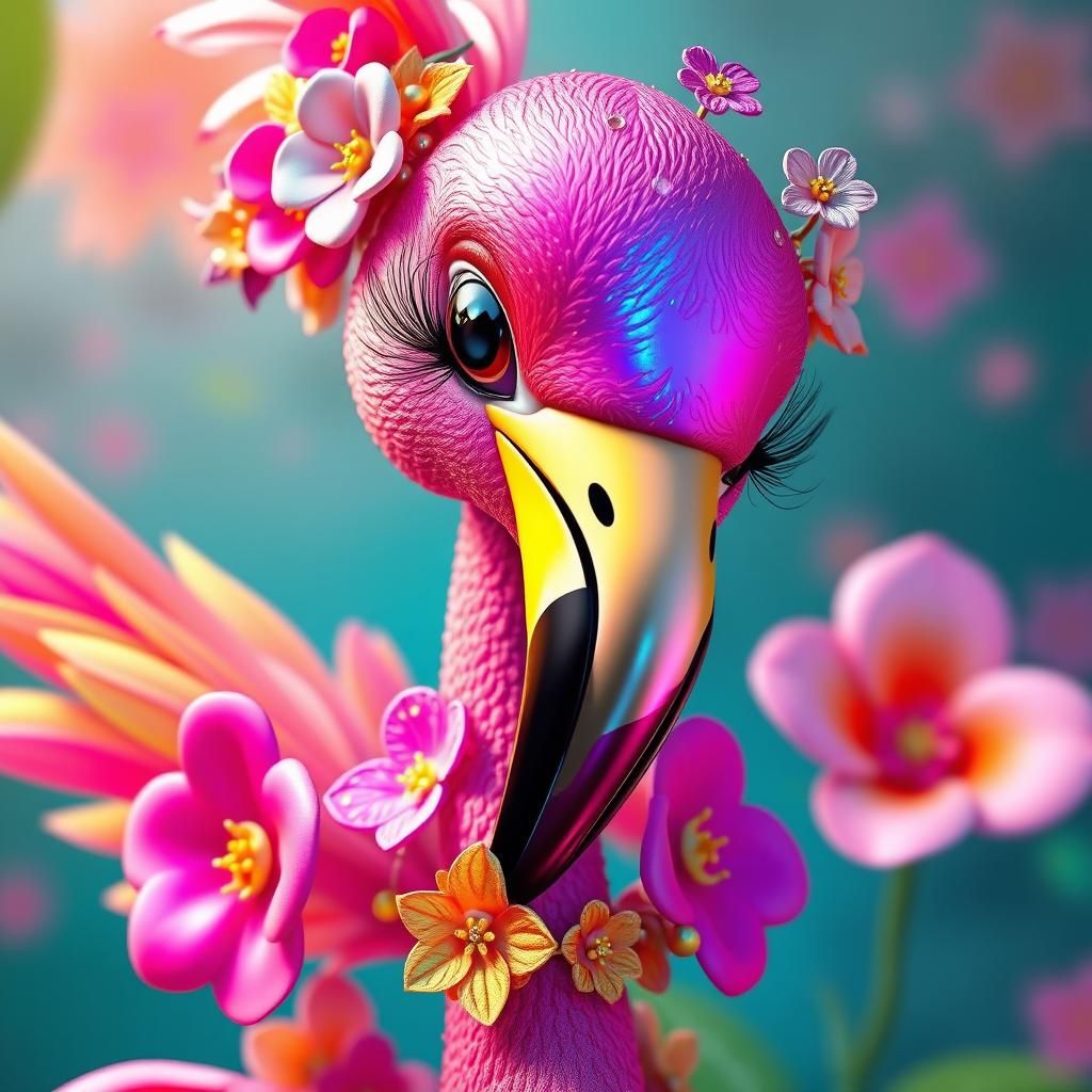 Rainbow Flamingo Character in Disney Pixar Style