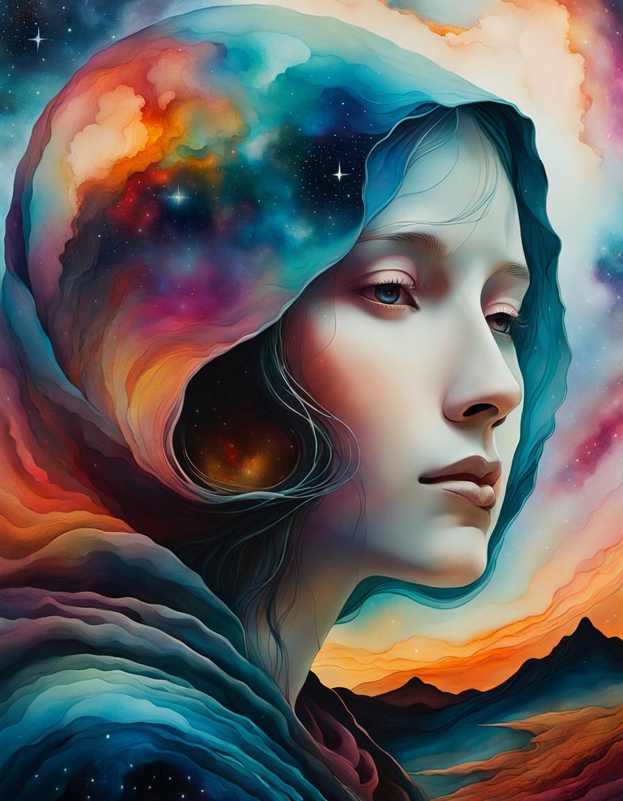 Hooded Figure in Starry Dreamscape: Macabre Surrealism