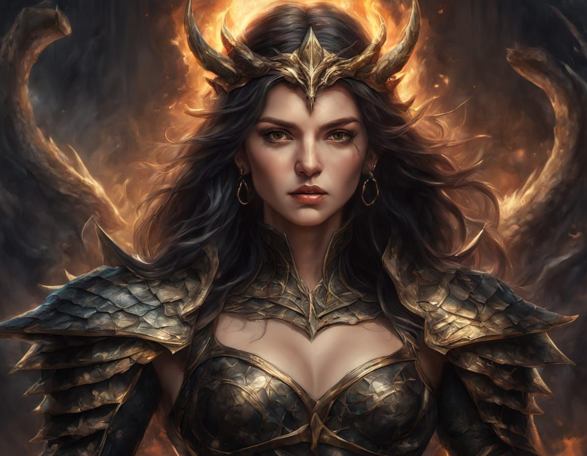 Regal Fantasy Warrior Surrounded by Majestic Dragons in a Da...