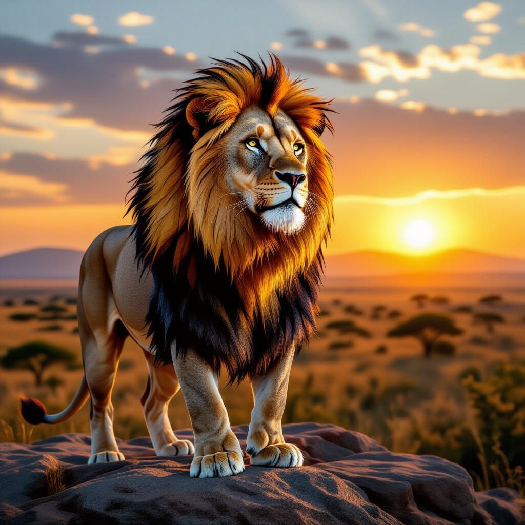 Lion with Stained Glass Mane on African Savanna