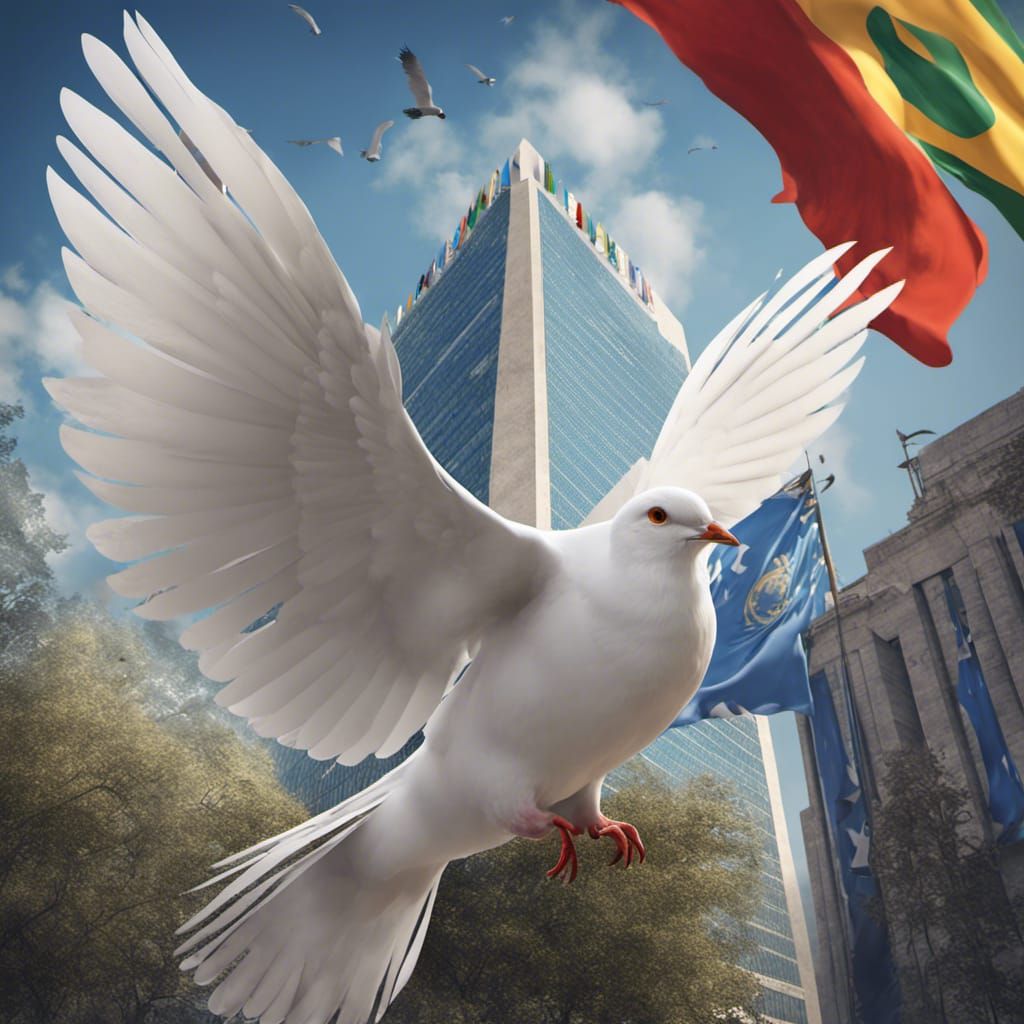 beautiful white dove, olive branch in beak, soaring overthe united nations buliding, all the nations flags in foreground