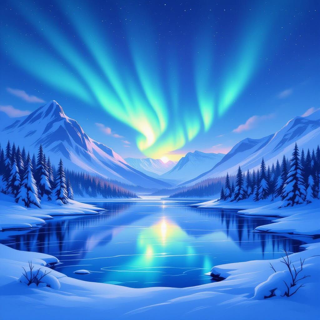 Aurora Borealis Over Frozen Winter Landscape