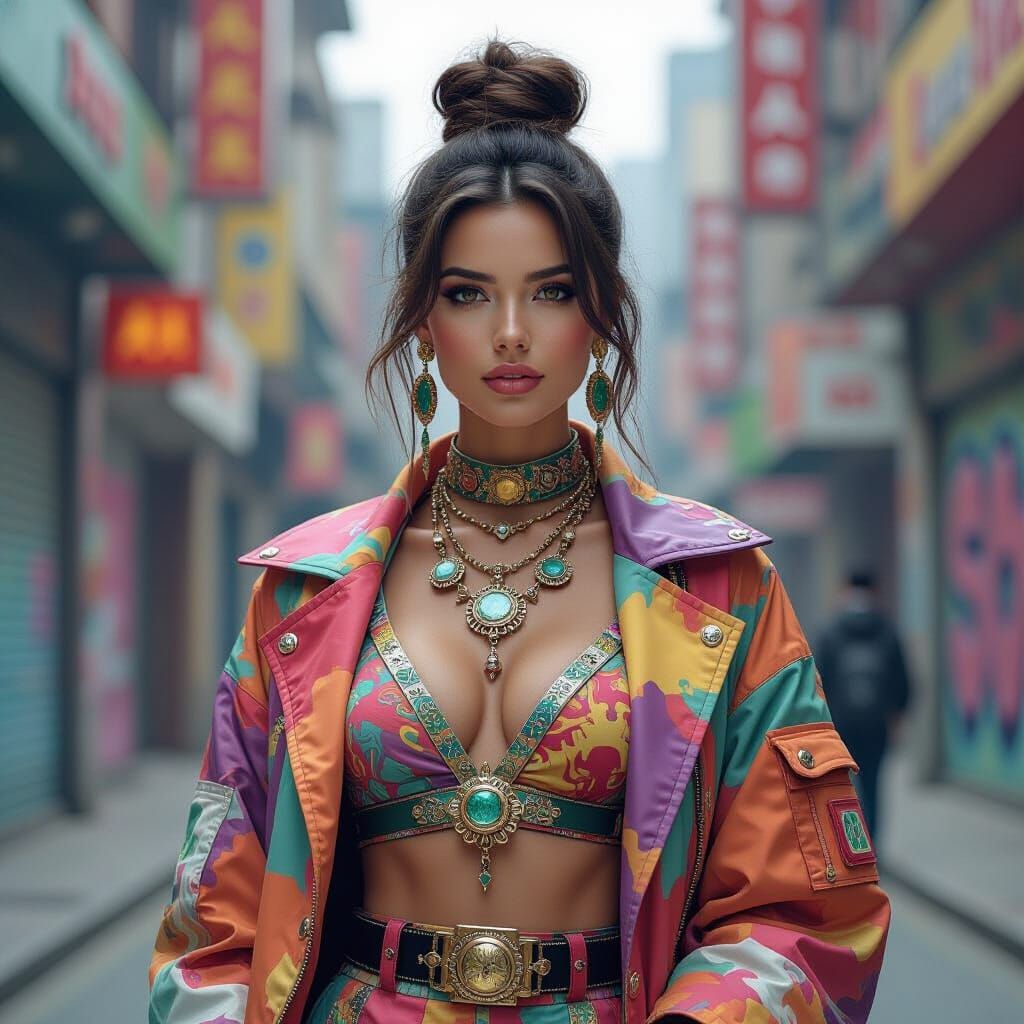 Vibrant Woman in Urban Setting: Hyperrealistic Graffiti Art