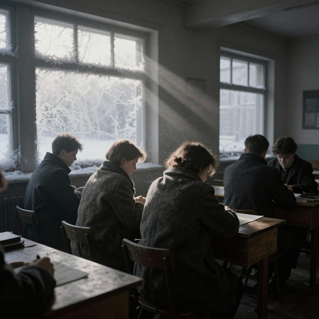 Cold 1930s Classroom Scene in Chiaroscuro Style