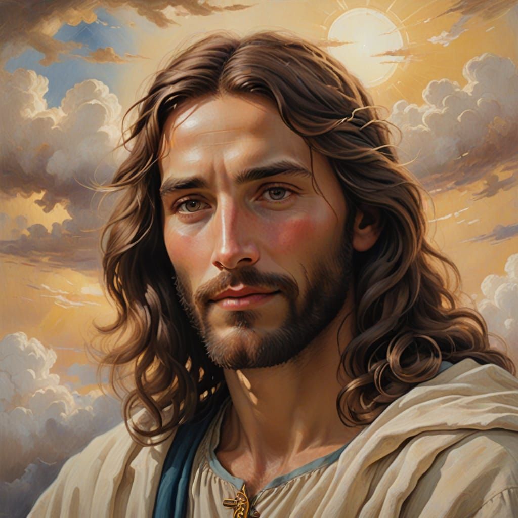 Jesus Christ in Soft Focus, Surrounded by Fluffy White Cloud...