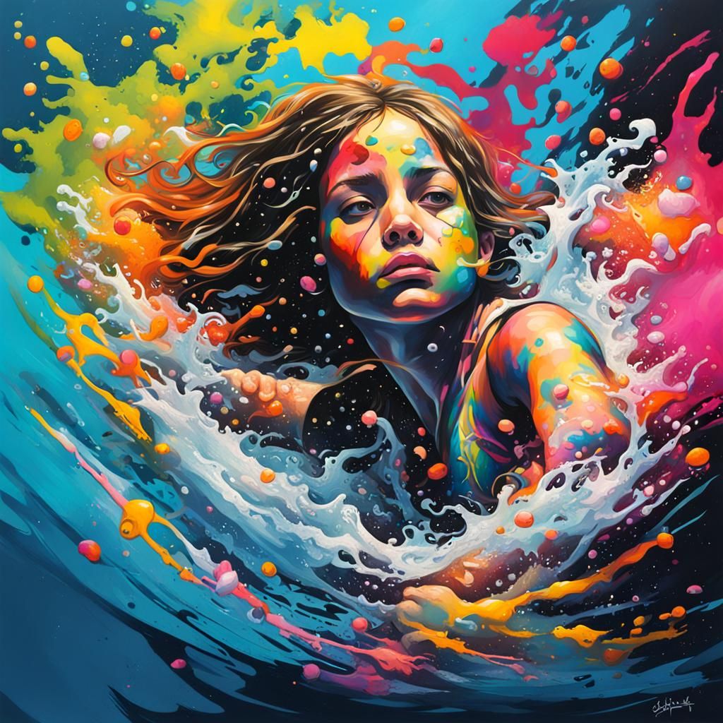 Girl Swimming in Graffiti Splash Art Style