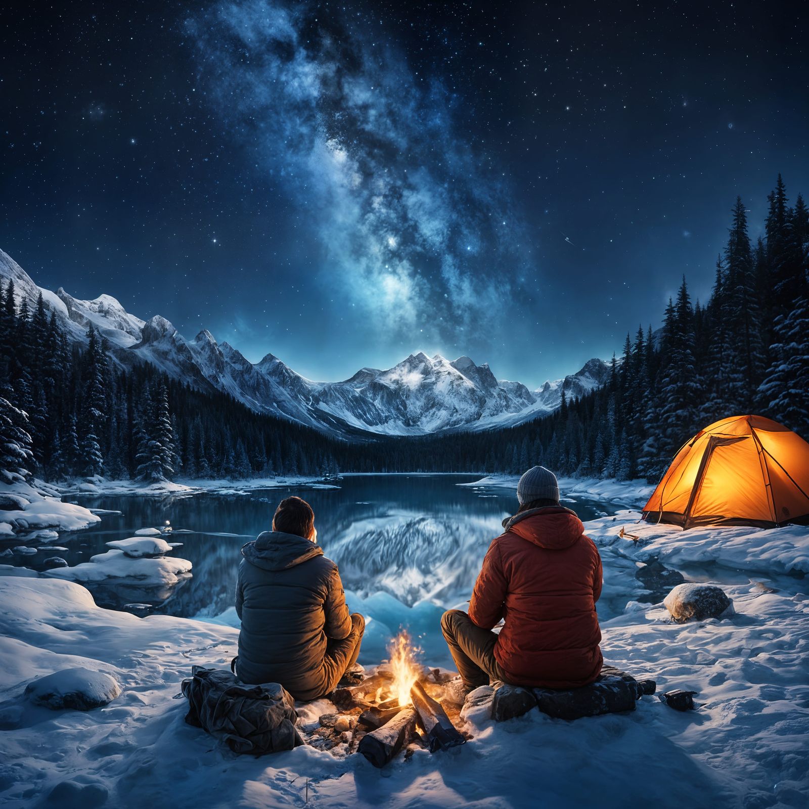 Couple Enjoys a Starry Winter Night by the Campfire