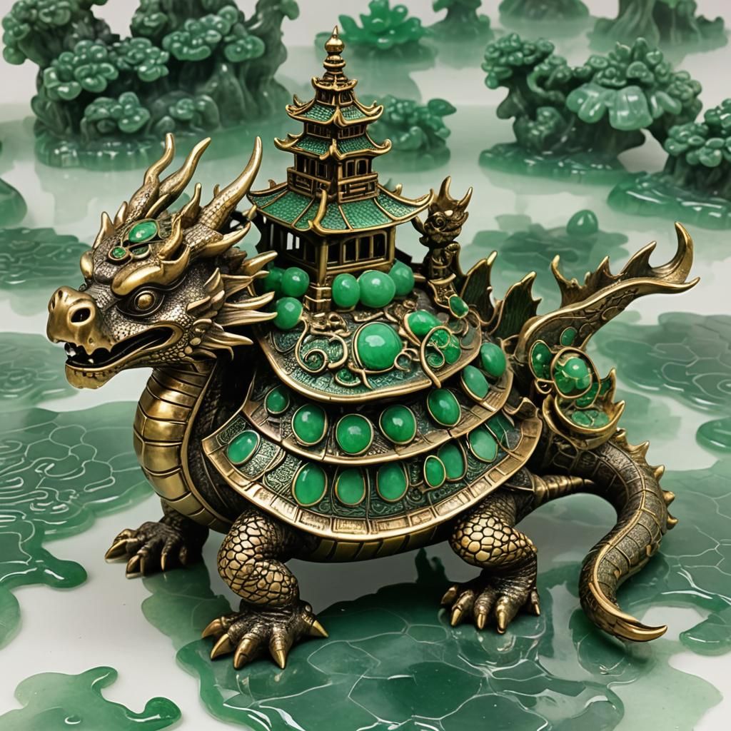 Bronze Dragon Turtle with Pagoda and Jade