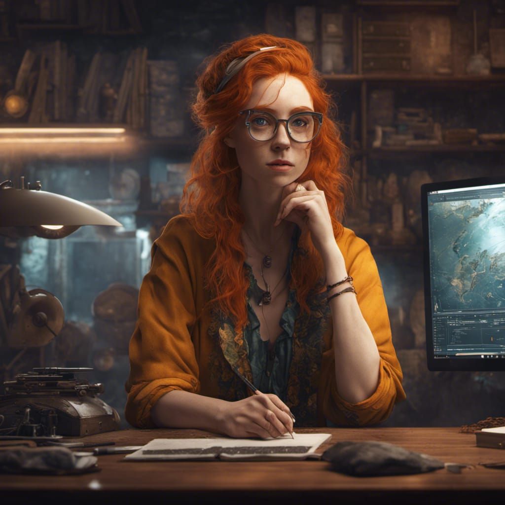 Ginger Woman at Desk: Detailed Matte Painting