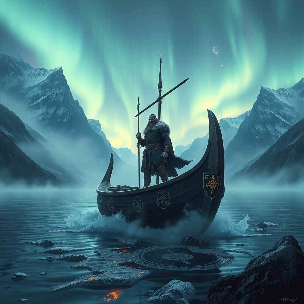 Viking Warrior in Ancient Fjord Landscape