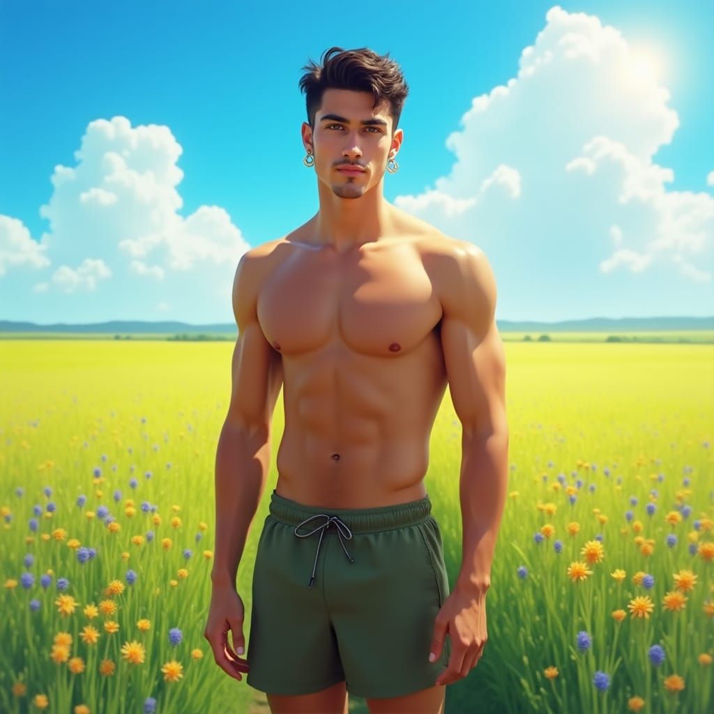 Athletic Man Stands in Green Field, Diamond Earrings