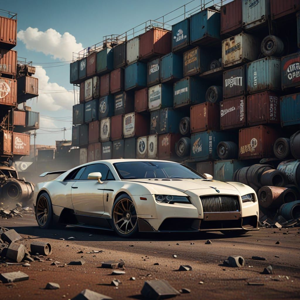 Epic Rolls-Royce Drift Scene in Fantastical Junkyard Landsca...