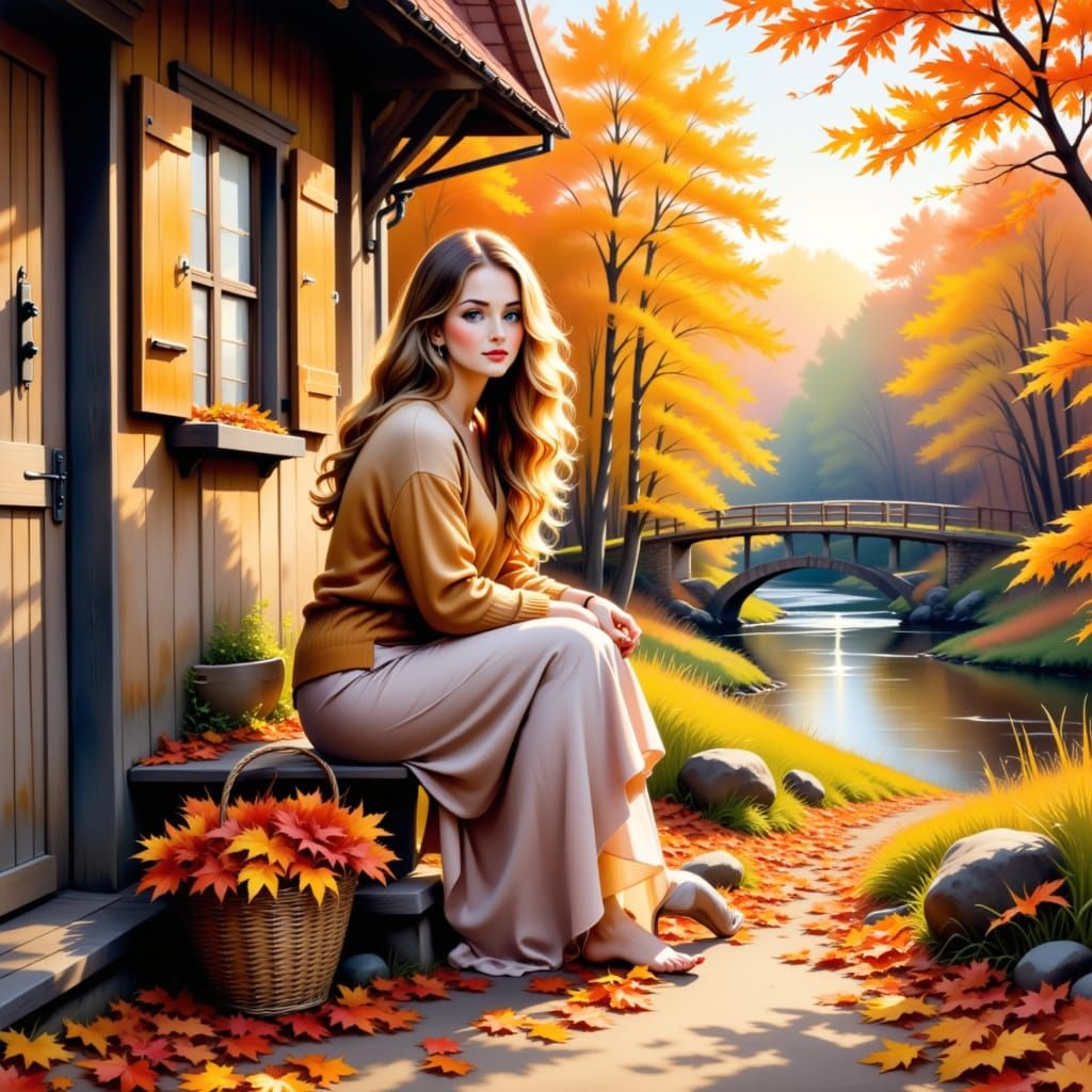 Ethereal Watercolor Portrait of Woman in Golden Hour