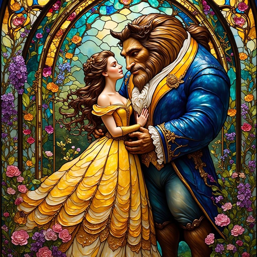 Belle and Beast in Stained Glass Art Nouveau Style
