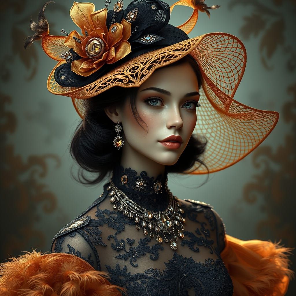 Elegant Woman in Guipure Lace and Precious Stones, Inspired....