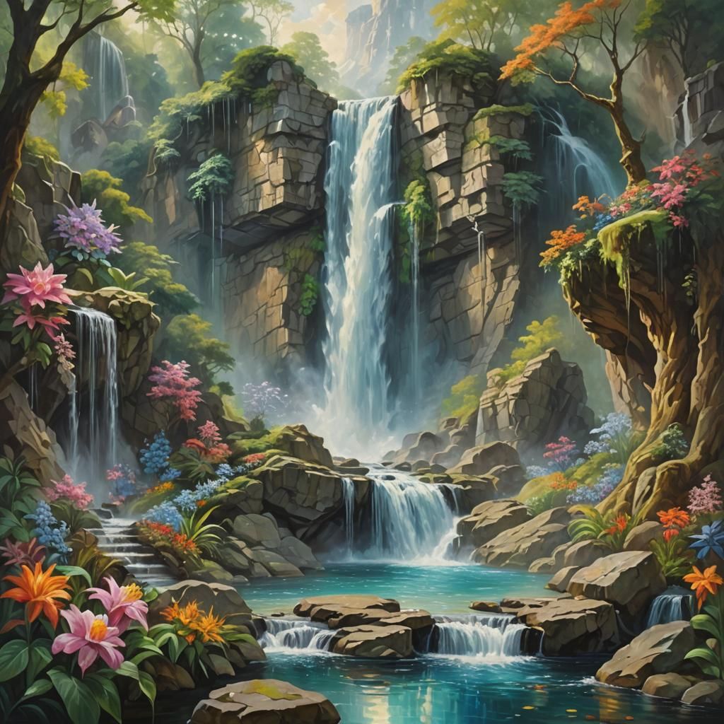 Mythical World Hidden Inside Waterfall: Fantasy Oil Painting