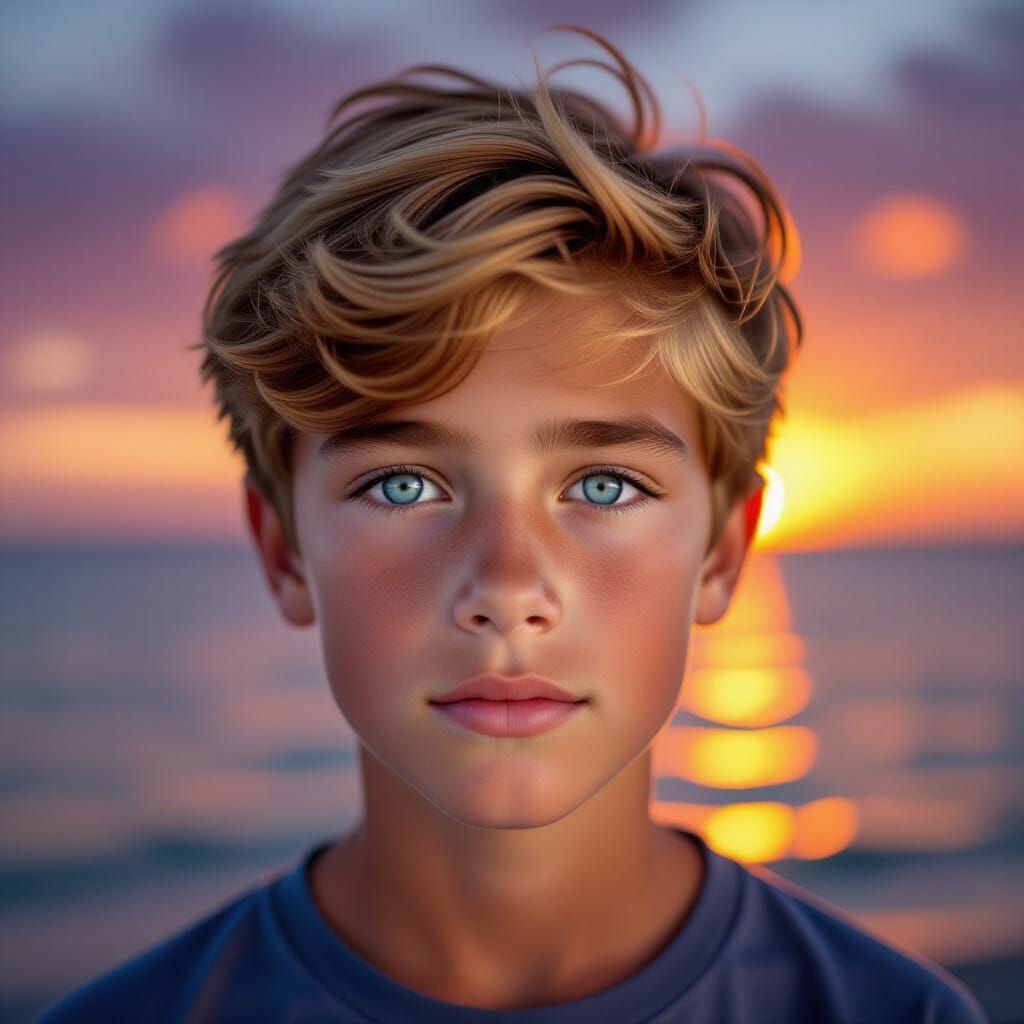 Boy with Blue Eyes at Sunset Sea