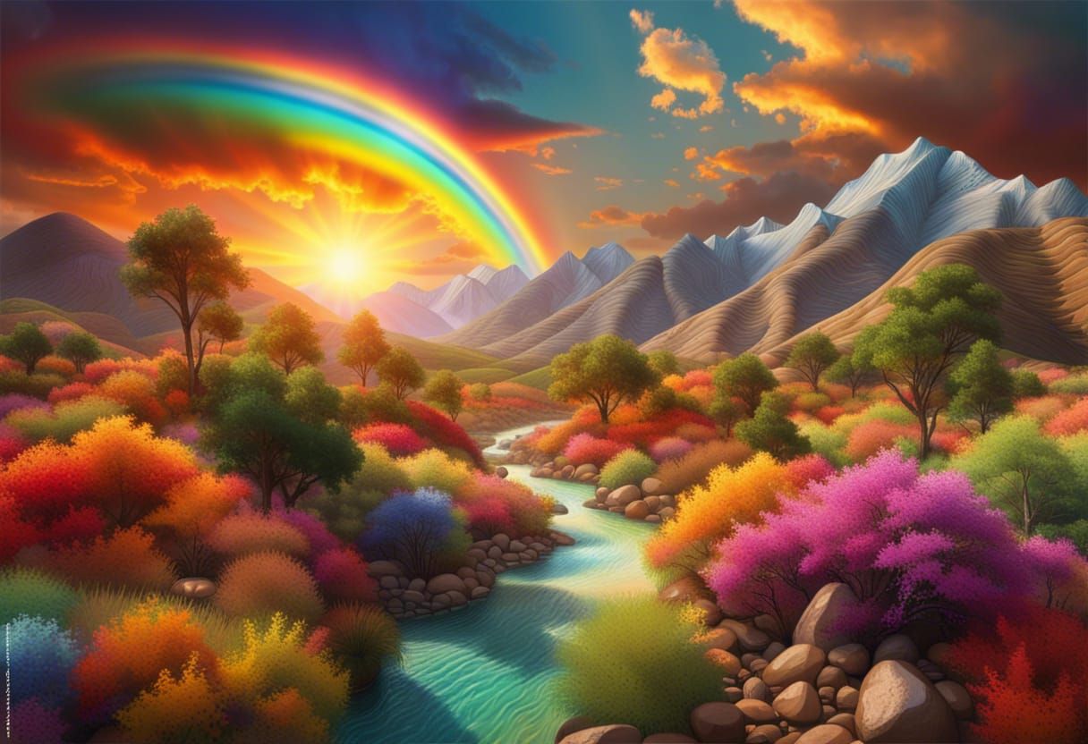 At the Mountains, a Beautiful Rainbow of the Sunset