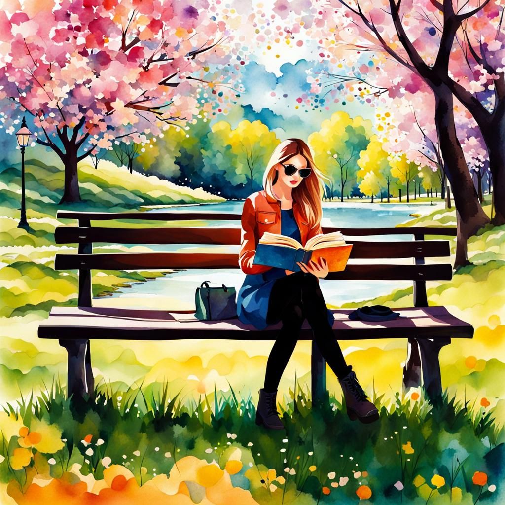 Girl Reading in Park: Mosaic Watercolor Art