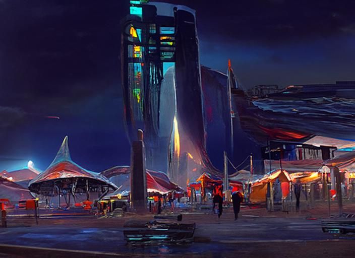 Futuristic Seaside Market at Sunrise: A Digital Painting
