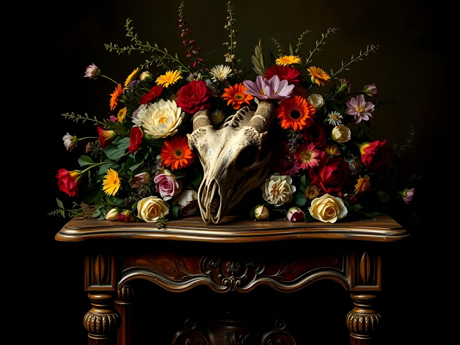 Dragon Skull Floral Still Life in Tenebrism Style