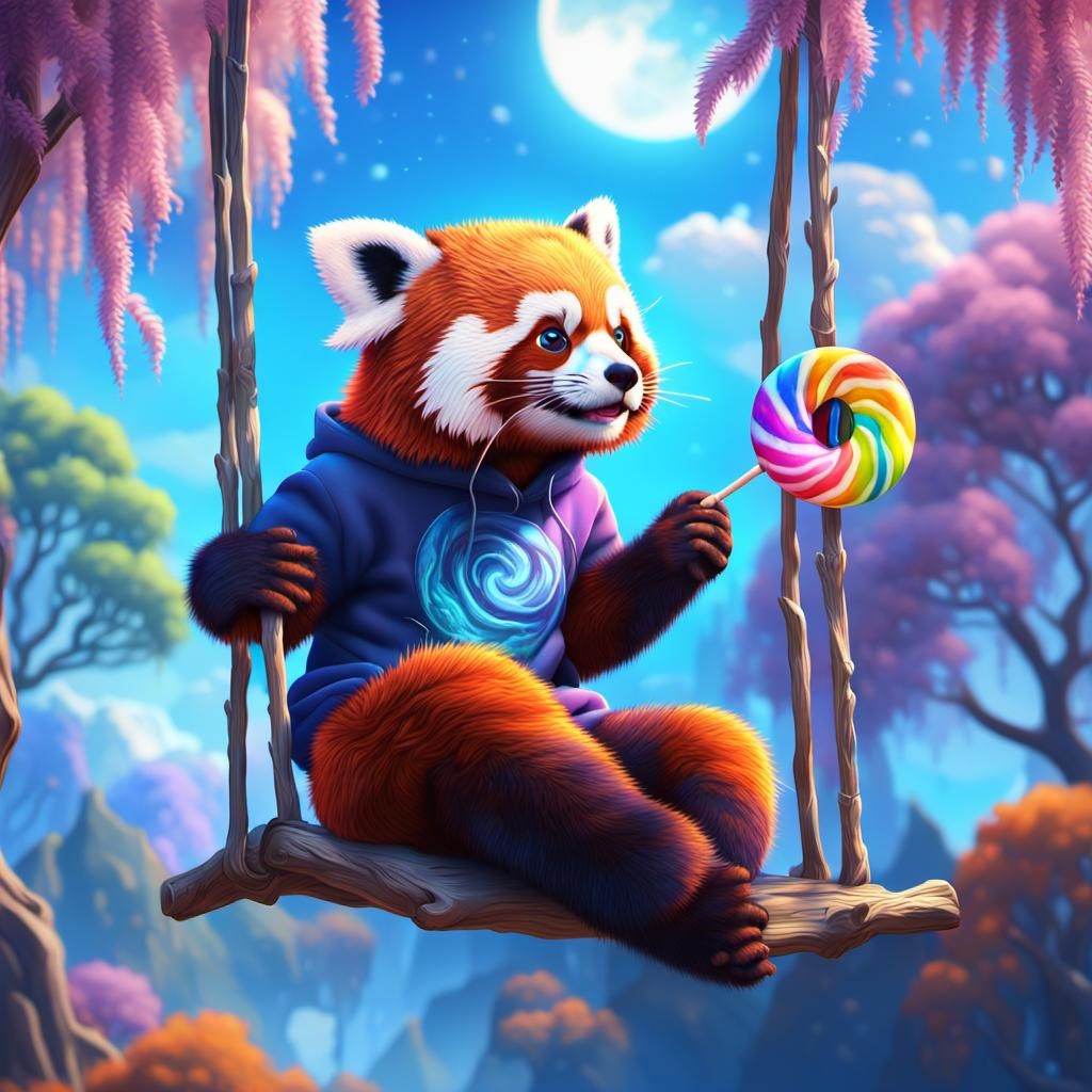 Red Panda on Swing with Lollipop: Fantasy Art