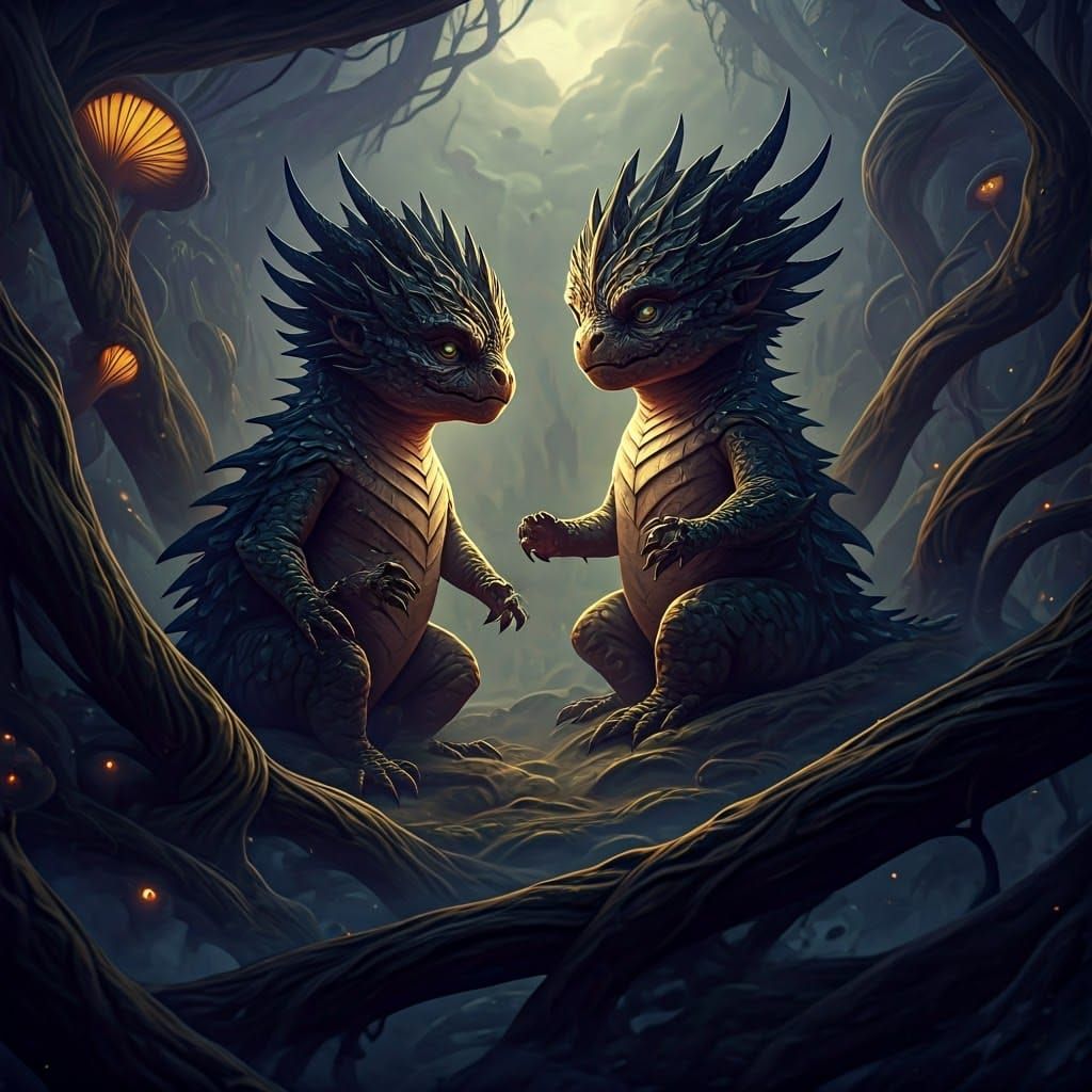 Ethereal Dragon Infants Playing in Mystical Landscape