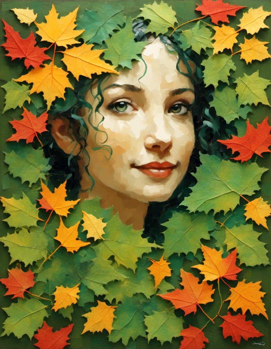 Leaf Art Portrait of Woman with Dog