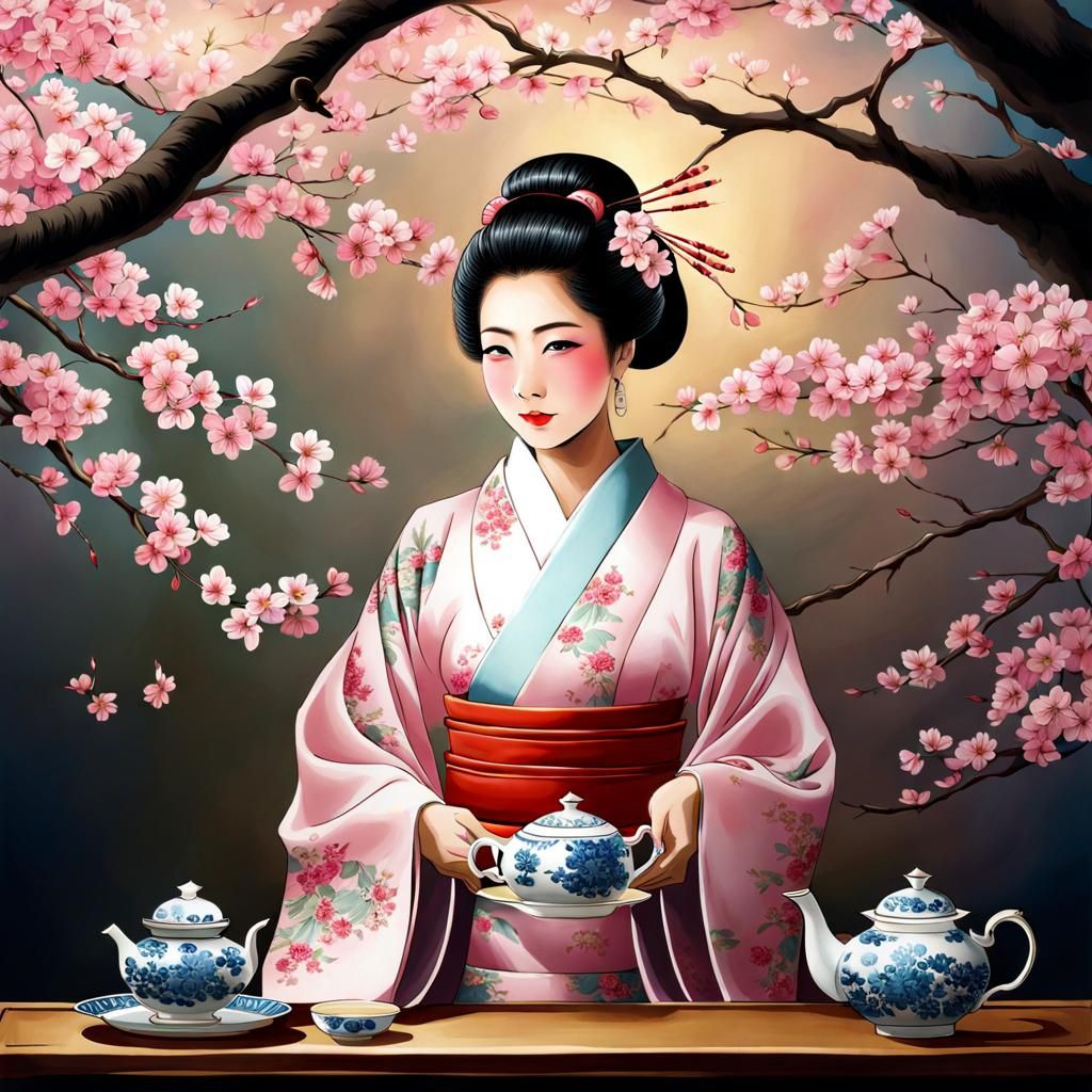 Japanese Woman in Kimono with Cherry Blossoms