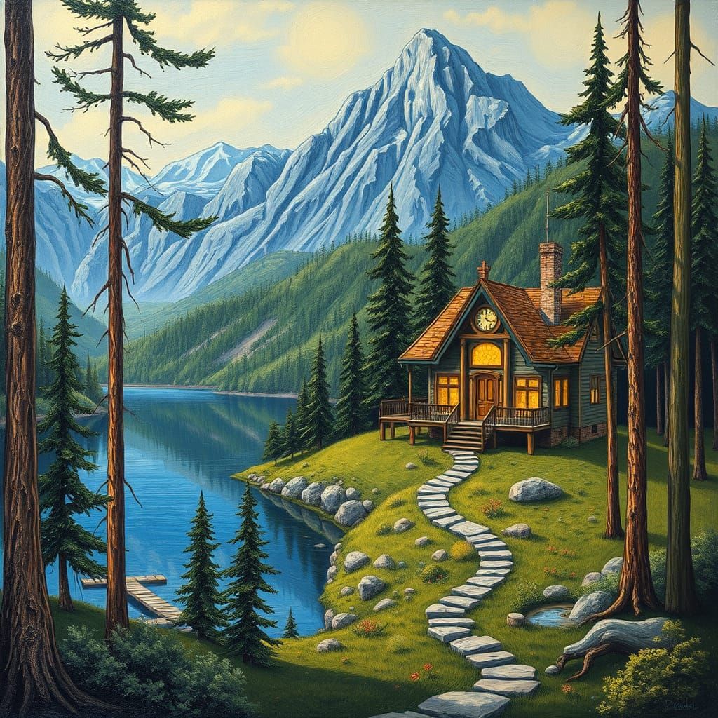 Seussian Home by Mountain Lake in Klimt Style